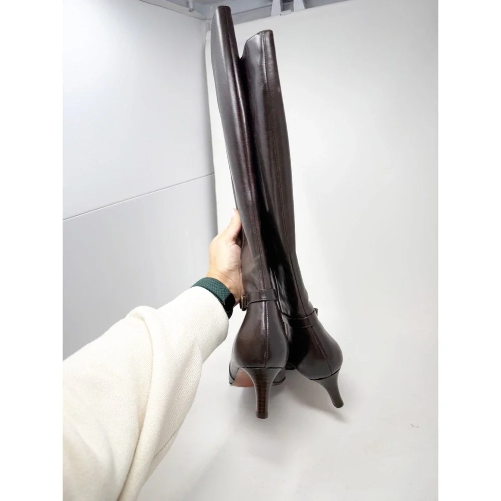Ralph Lauren Y2K Leather Knee High‎ Boots Pointed Toe Kitten Heel Black Size 8 B